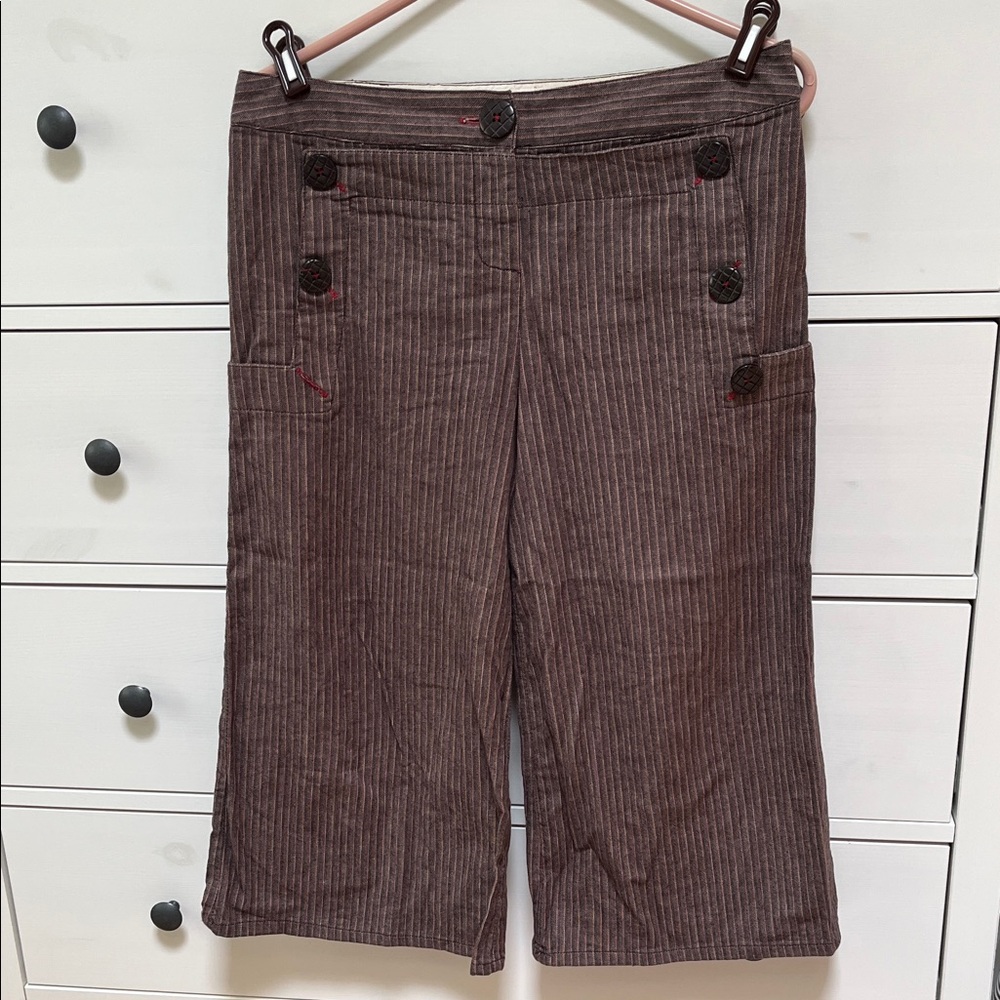 Brown Pinstripe Wide-Leg Crop Pants